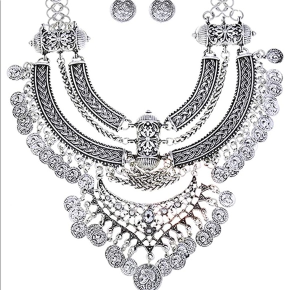 [SILVER] Exotic Bib Coin Necklace+Earring Set - Picture 2 of 11